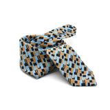 Freedom Tie silk tie designed by Niki Fulton. A graphical bronze and blue print. 