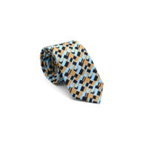 Freedom Tie silk tie designed by Niki Fulton. A graphical bronze and blue print. 
