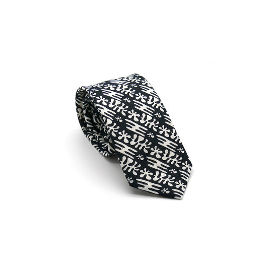 Eden linen tie designed by Niki Fulton. A black & white abstract print. 
