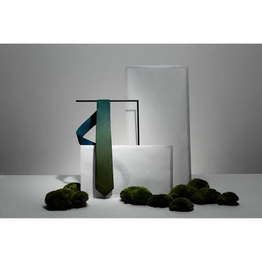 Moss silk tie designed by Niki Fulton. Blues and greens. 