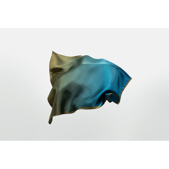 Moss silk pocket square designed by Niki Fulton. Greens and blues silk. 