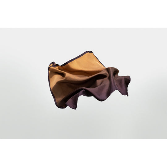 Peat Silk pocket square or neckerchief designed by Niki Fulton. Camel to deep purple silk square