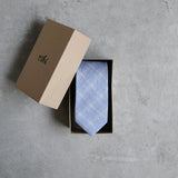 Prufrock blue Linen Tie designed by Niki Fulton. Blue & white abstract print.